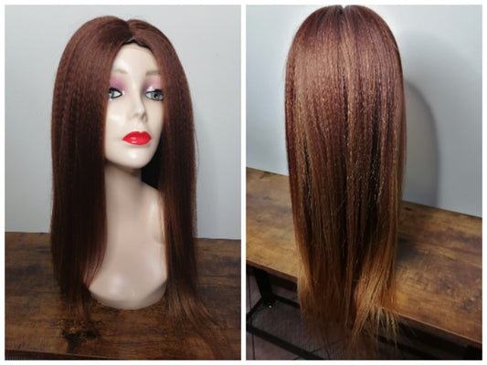 parrucca con chiusura frontale rigido di capelli afro lisci crespo semi naturali in riga in mezzo, di lunghezza 20 inches. disponibile in 2 colori, marrone scuro e chiaro.